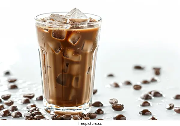 Iced coffee in a glass with ice cubes and coffee beans scattered on the table