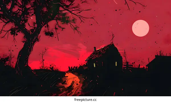 Red Sky Night With Big Moon and Silhouettes