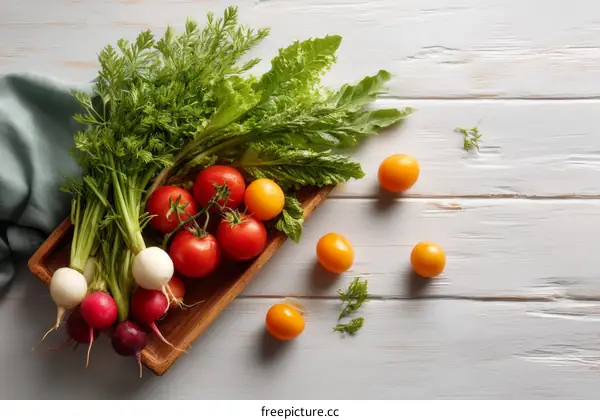 Fresh Vegetables Arrangement on Wooden Tray