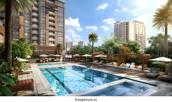 Courtyard with swimming pool and palm trees