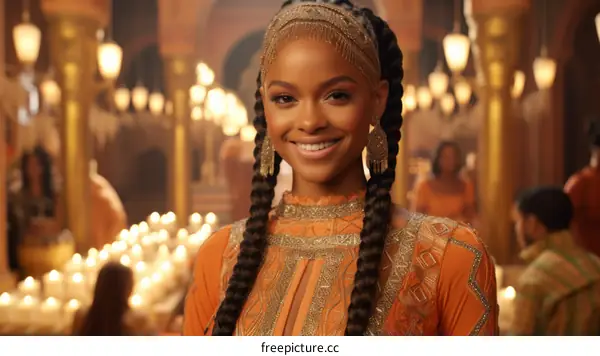 Smiling Woman with Black Hair and Gold Headpiece