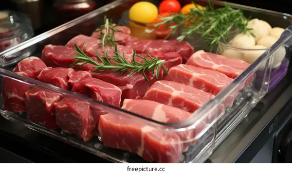 Assortment of Raw Meat Cuts on a Glass Tray