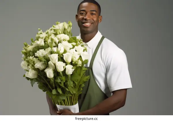 Florist holding a bouquet of white roses
