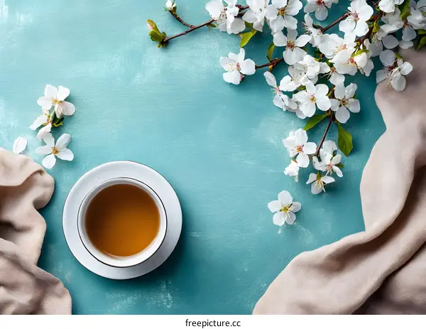 White Flowers and Cup of Tea on Blue Background
