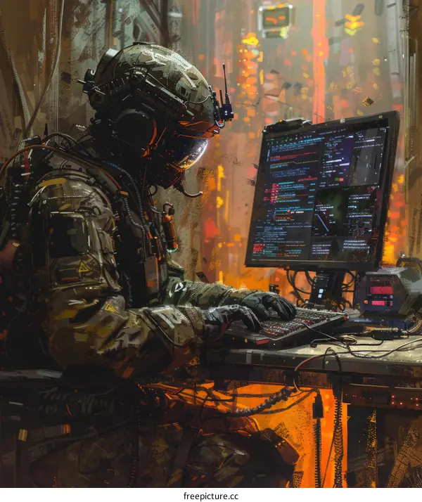 Soldier in Helmet and Armor Works on Computer