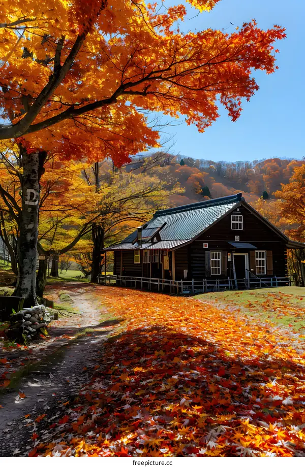 A wooden house in the middle of a forest with red and yellow leaves in the fall
