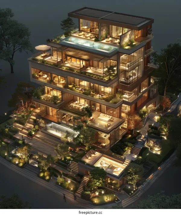 Luxury Modern Multi-Level Mansion with Lush Gardens at Night