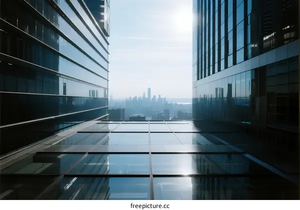 Urban Architecture with Glass Facades and Distant City Skyline