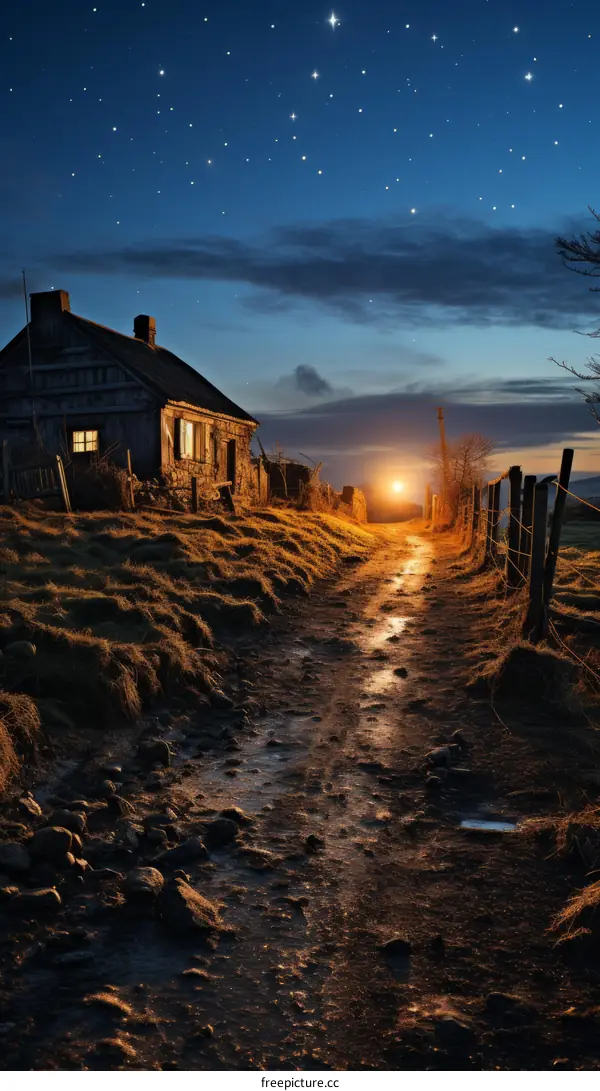 Country Road At Night With Cottage And Fence