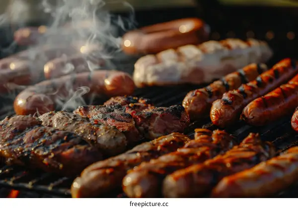 A variety of grilled meats and sausages on a barbecue