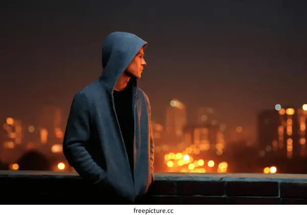 Man in Hoodie at Night Cityscape