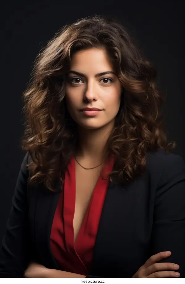 Portrait of a young woman with long brown hair wearing a red shirt and black blazer