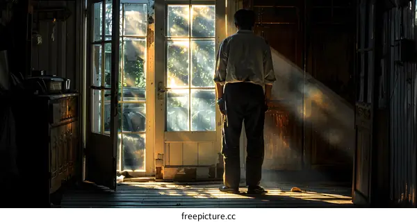 man standing in front of door with light rays
