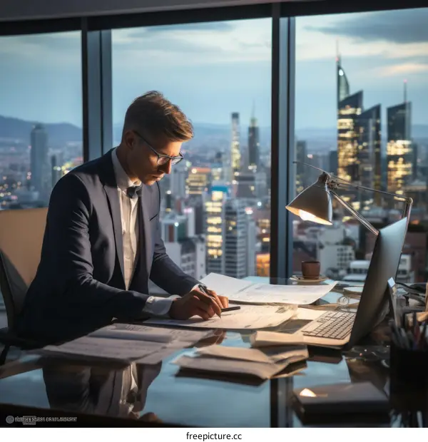 Businessman working late in his office with a view of the city at night