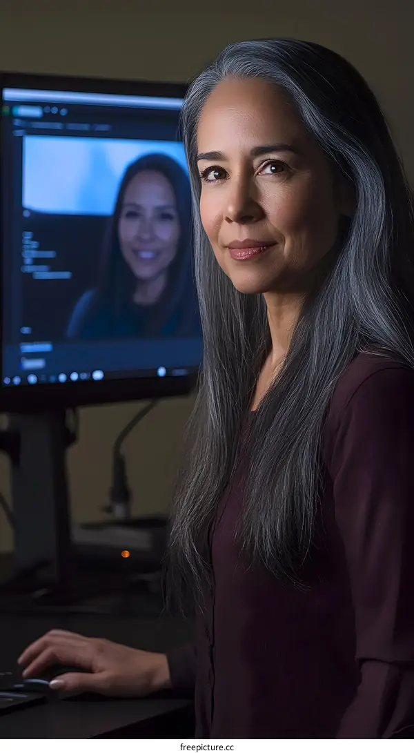 Portrait of a Woman with Gray Hair in Front of a Computer Screen
