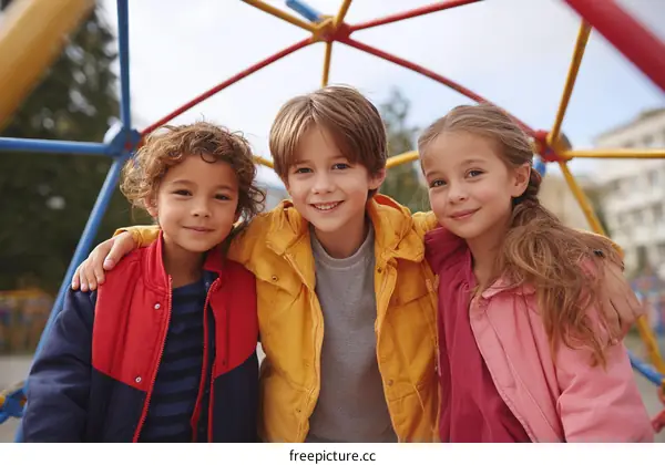 Three Children at a Playground Having Fun