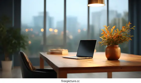 Modern Workspace with Laptop and Plants