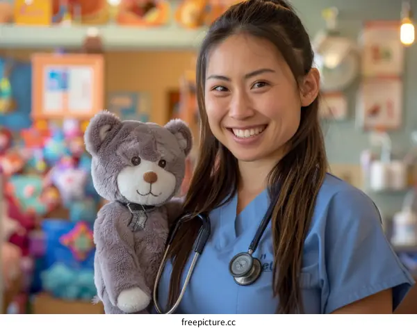 Cheerful Asian Female Veterinarian Holding a Stuffed Animal