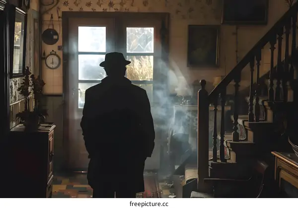 Silhouette of Man Standing in a Old House with Smoke