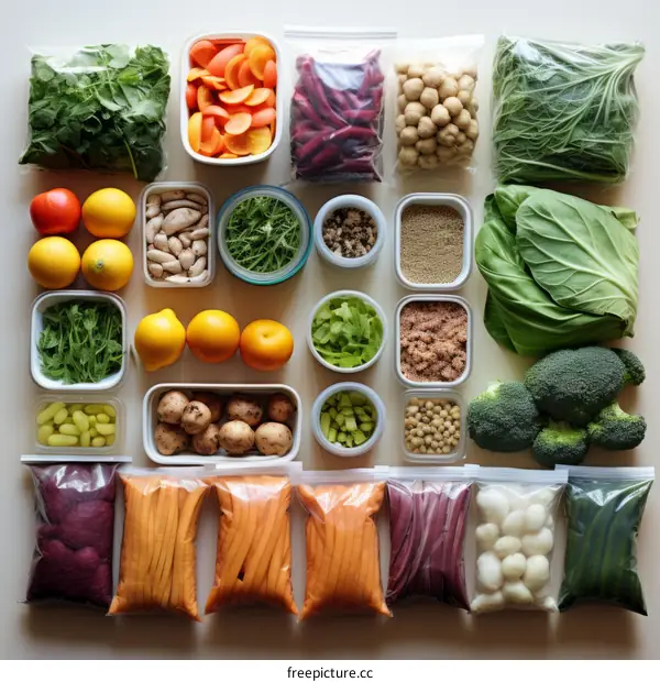 A variety of fresh vegetables and fruits are arranged on a white background