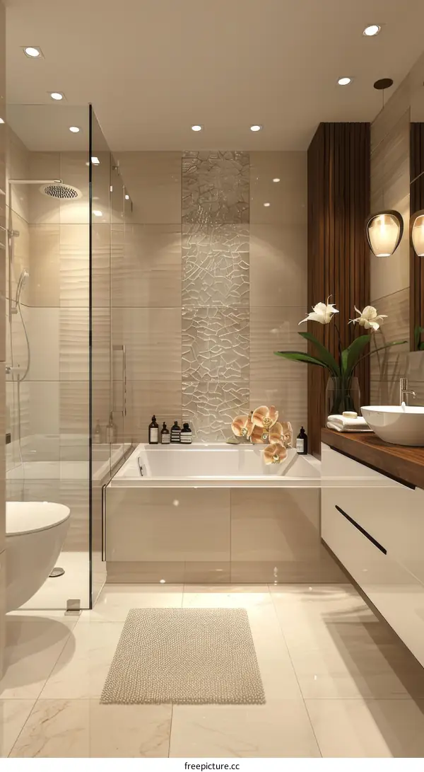 Orchid flowers in modern bathroom interior with bathtub and shower