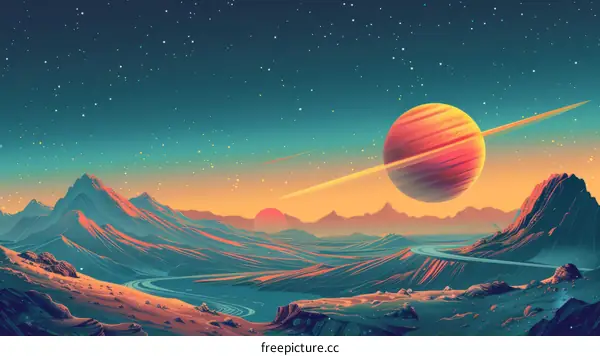 Saturn, the Ringed Planet, over a Mountainous Landscape