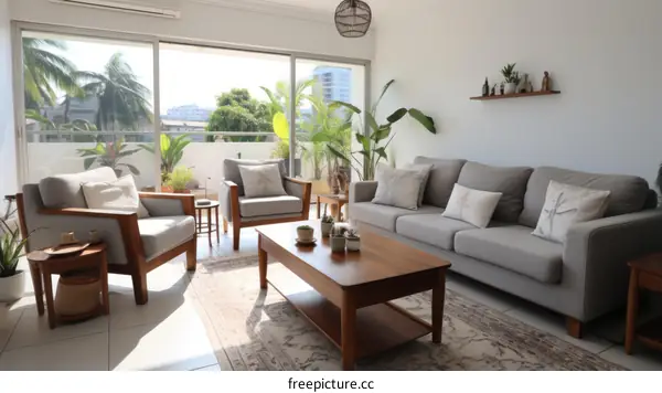 Bright living room with large windows and plants