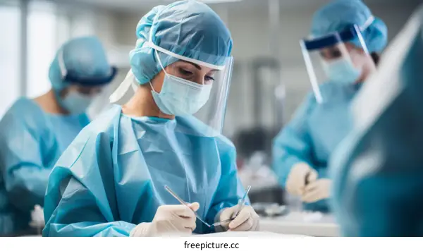 A team of surgeons perform an operation in a hospital operating room.