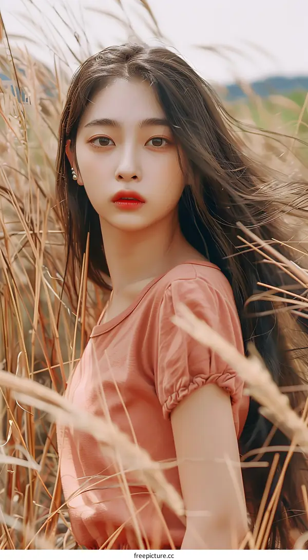 Beautiful Asian Woman with Long Hair Posing in a Field of Grass
