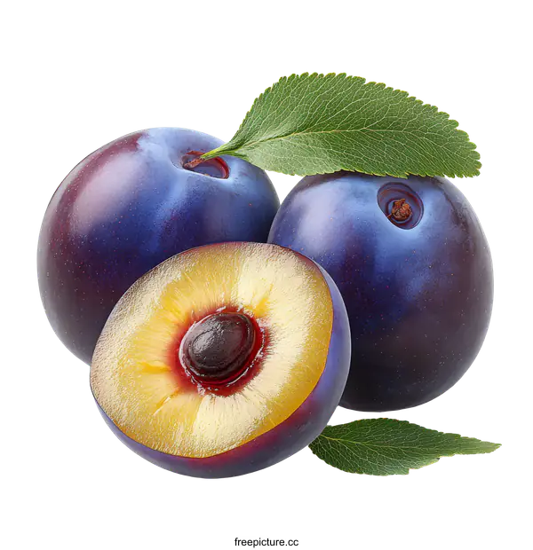 [Transparent Background PNG]Close up of Fresh Plums with Leaves