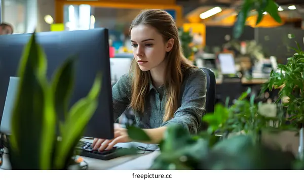 Woman Working At A Computer In Modern Office With Green Plants