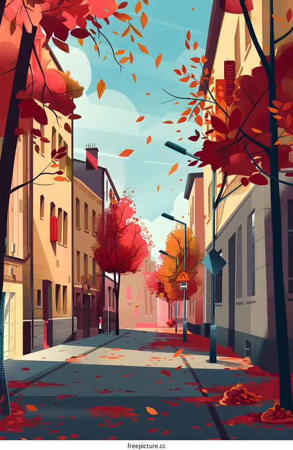 Autumn Street with Red Leaves