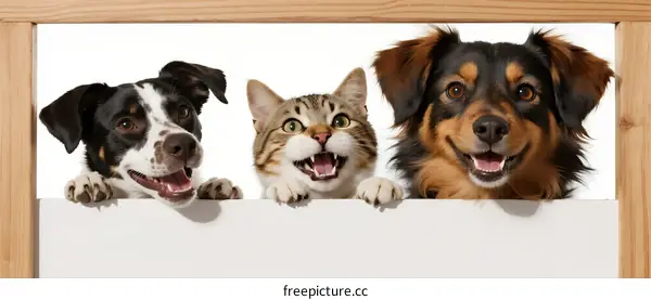 Three cute pets including a dog and a cat looking over a board