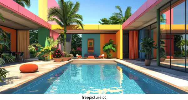 Courtyard swimming pool in a colorful and tropical setting