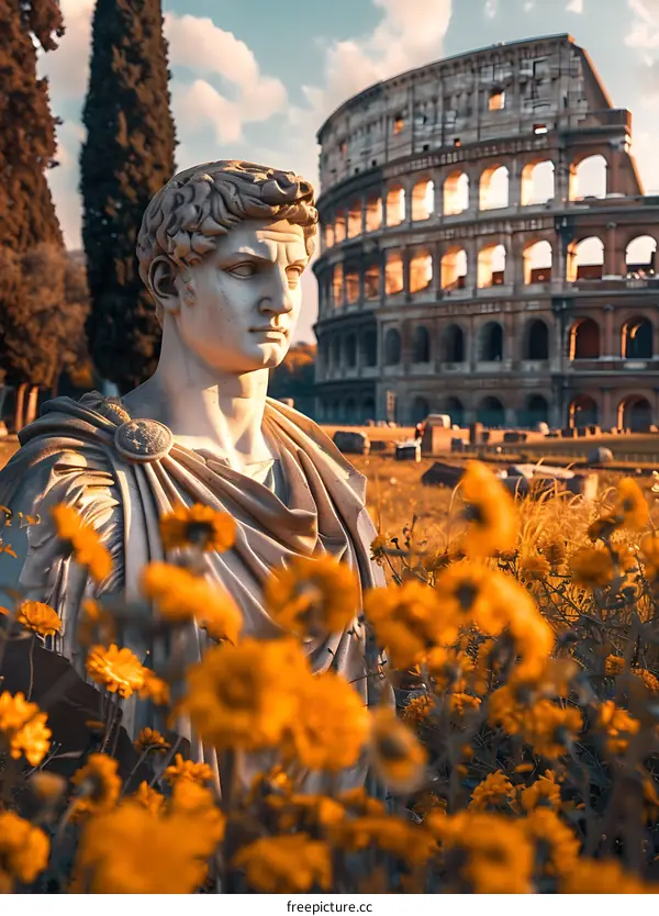 Roman Statue in Front of Colosseum with Flowers