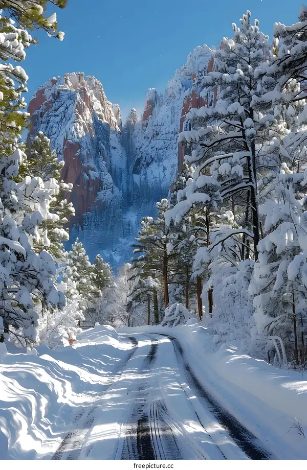 Snow-covered road in a canyon