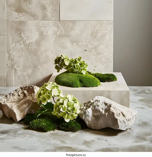 Green Hydrangea and Moss on Stone Background
