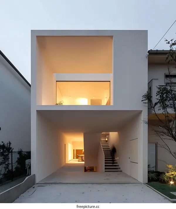 Modern White House with Floating Staircase and Large Windows