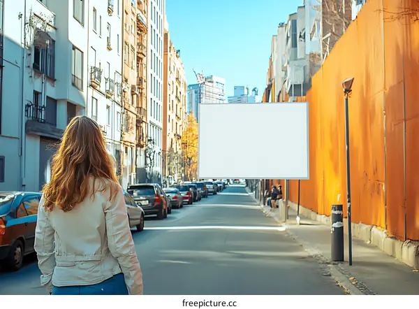 Woman walking towards a blank billboard in the city