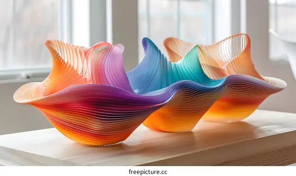 Colorful 3D printed objects resembling flower petals