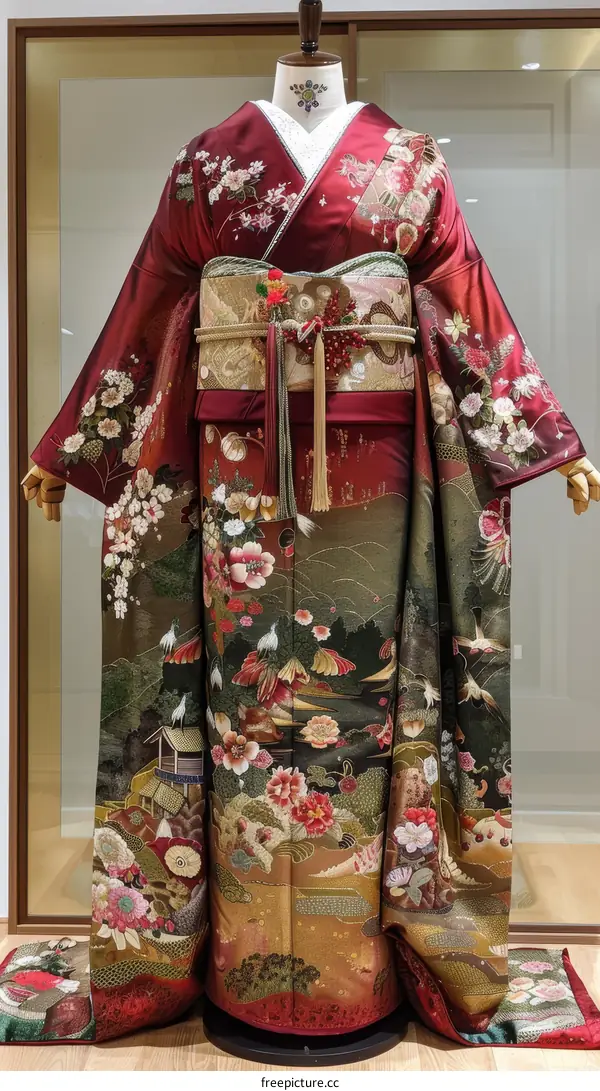 Traditional Japanese Kimono with Floral and Landscape Embroidered Design