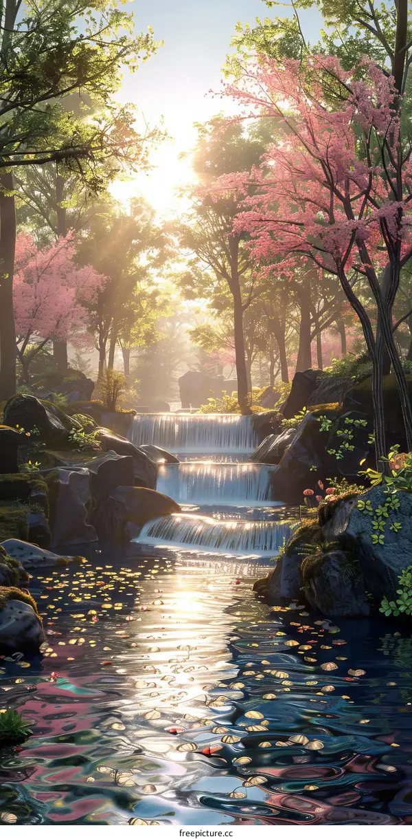 Cascading Forest Stream: Serenity and Sunlight