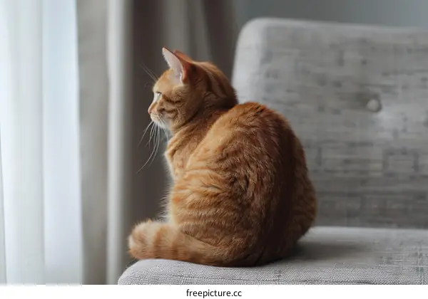 A ginger cat is sitting on a chair and looking out the window
