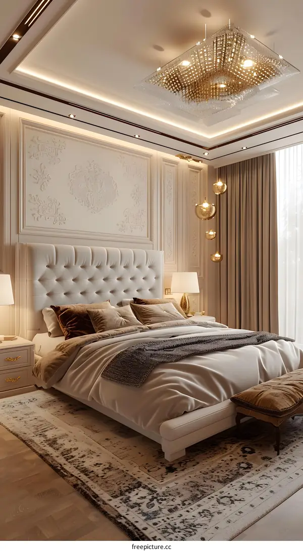 Luxury Bedroom Interior Design with White Bed and Golden Chandelier