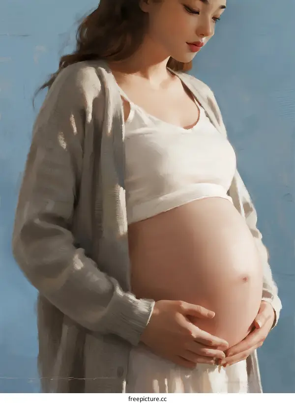 Pregnant Woman with Hands on Stomach Against Blue Background