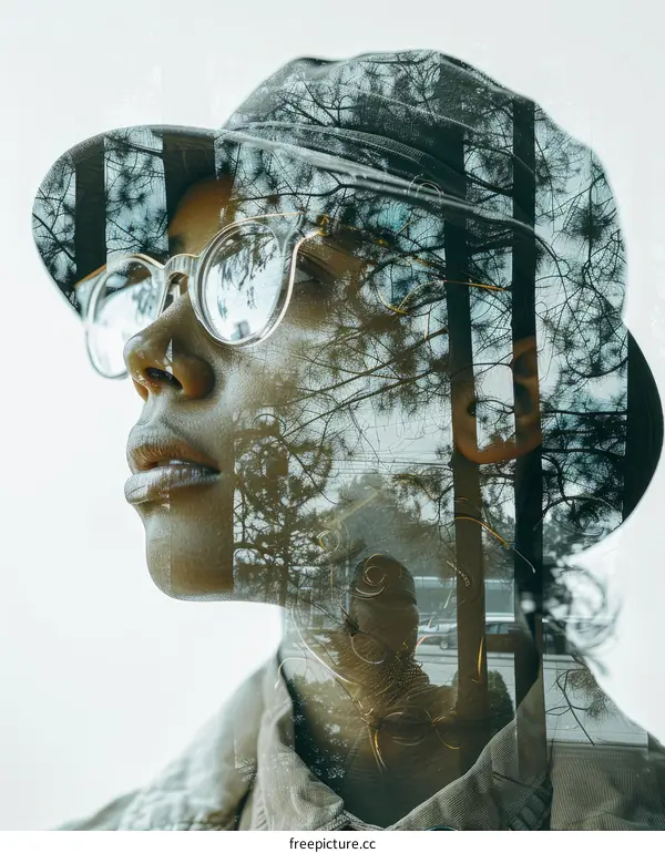 Black woman wearing eyeglasses and hat with trees and city reflection