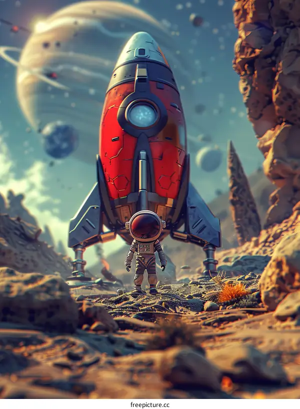 An astronaut in a red spacesuit standing next to a red and white spaceship on a rocky moon or Mars-like planet with a starry sky and blue and white planets in the background