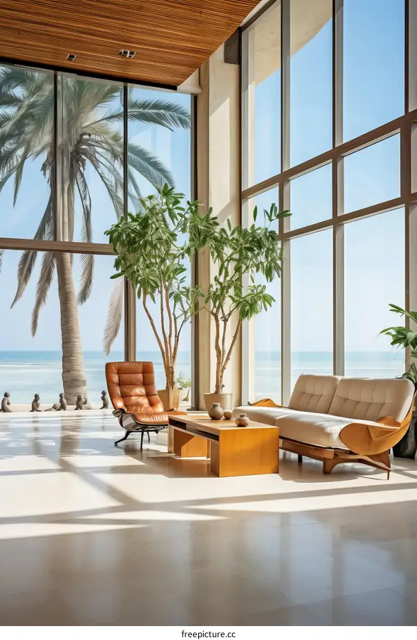 Modern living room interior with large windows overlooking the ocean