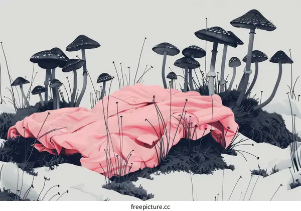 Pink Fabric Among Mushrooms