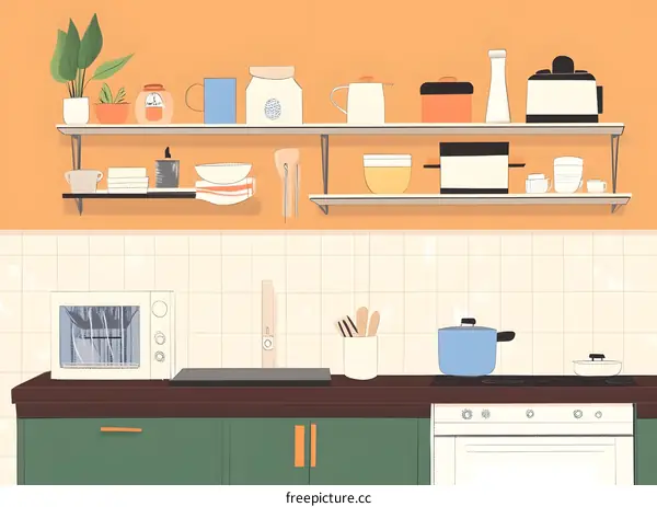 Modern Kitchen Interior Illustration with White and Green Cabinets